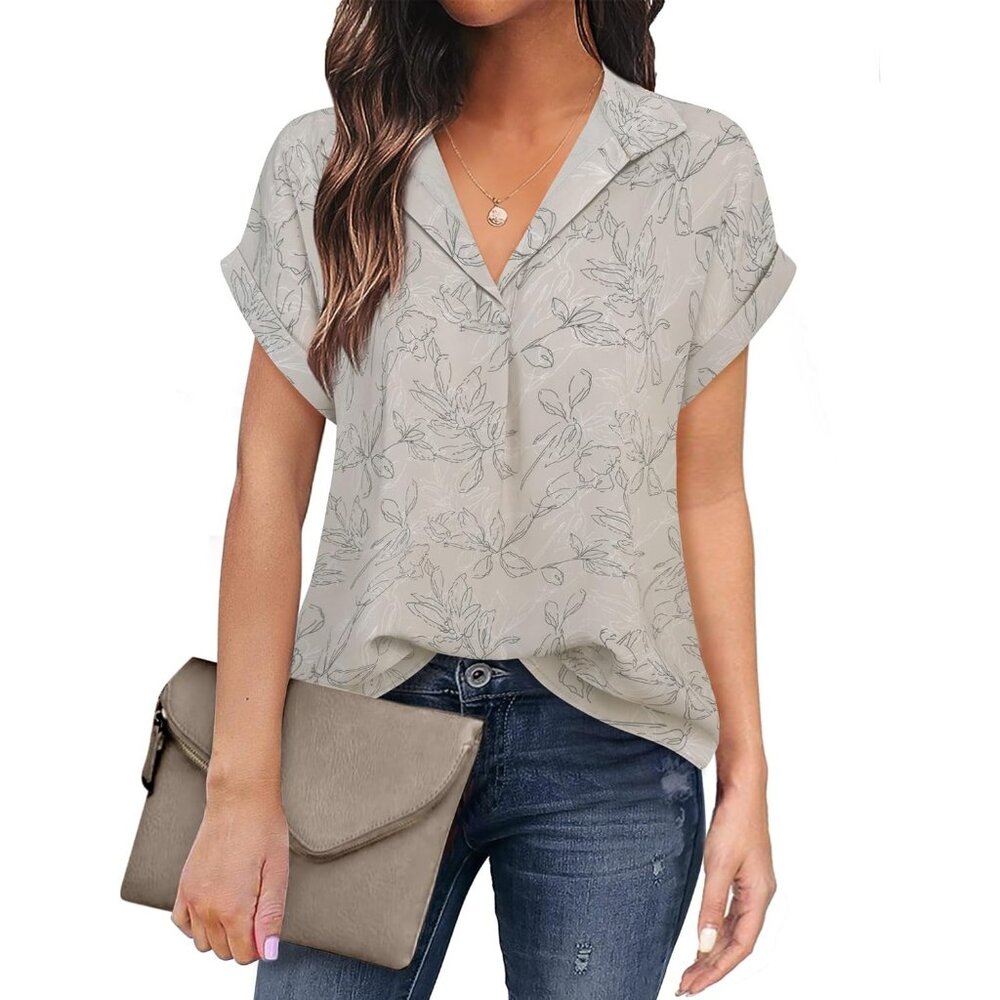 Women's Short Sleeve Blouses V Neck Design Business Attire Collared Shirts